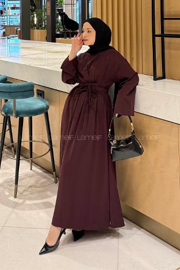 Lamelif Nora Bağcıklı Tesettür Elbise Mürdüm