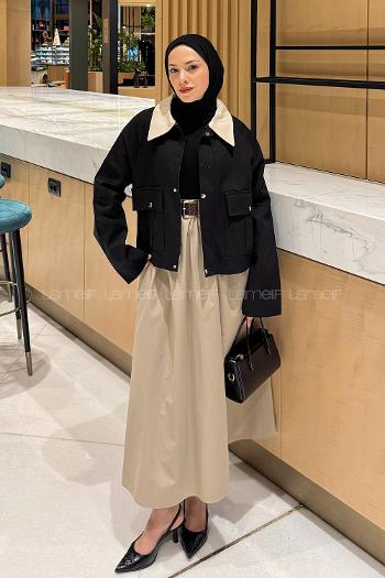 Lamelif Yaka Detaylı Çıtçıtlı Ceket Siyah