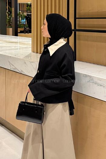 Lamelif Yaka Detaylı Çıtçıtlı Ceket Siyah