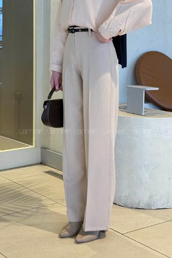 Lamelif Yüksek Bel Kumaş Pantolon Taş Rengi
