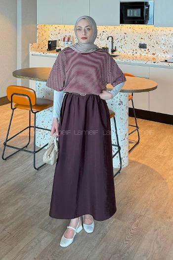 Lamelif Çizgili T-shirt Bordo