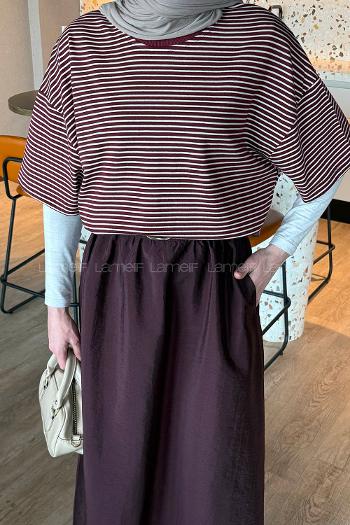 Lamelif Çizgili T-shirt Bordo