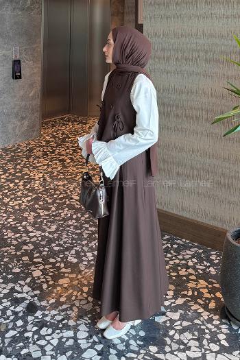 Lamelif Düğmeli Yelekli Takım Acı Kahve