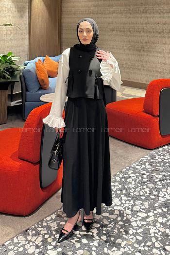 Lamelif Düğmeli Yelekli Takım Siyah