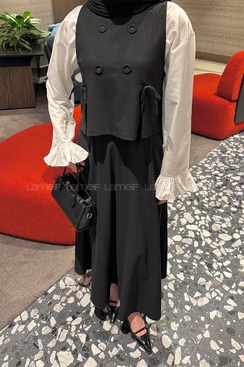 Lamelif Düğmeli Yelekli Takım Siyah