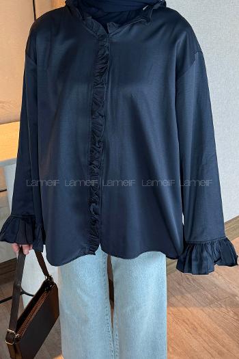 Lamelif Fırfırlı Gömlek Gece Mavisi