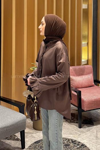 Lamelif Fırfırlı Gömlek Koyu Kahverengi