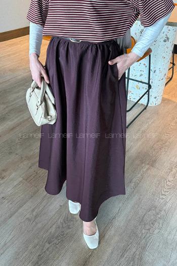 Lamelif Kemerli Kloş Etek Mürdüm