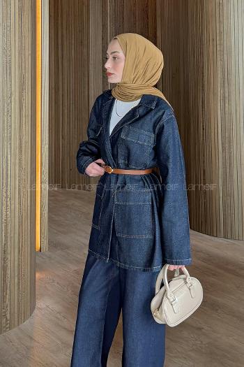 Lamelif Kemerli Kot Ceket Kot Mavisi