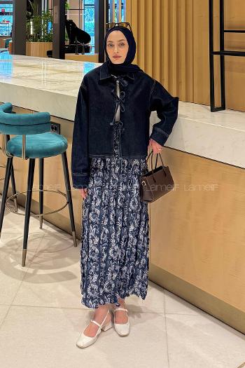 Lamelif Önü Bağlamalı Kot Ceket Koyu Mavi