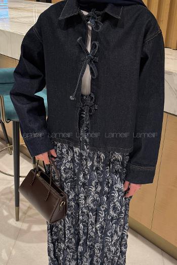 Lamelif Önü Bağlamalı Kot Ceket Koyu Mavi