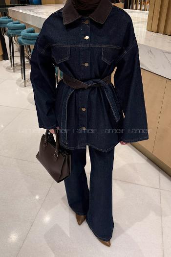 Lamelif Yaka Detaylı Kuşaklı Kot Takım Kot Mavisi