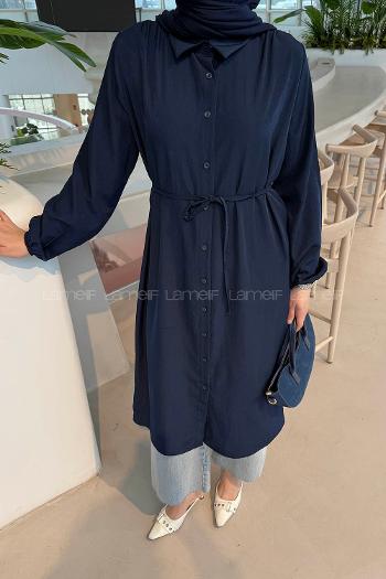 Lamelf Cupra Bağlama Detaylı Tunik Lacivert