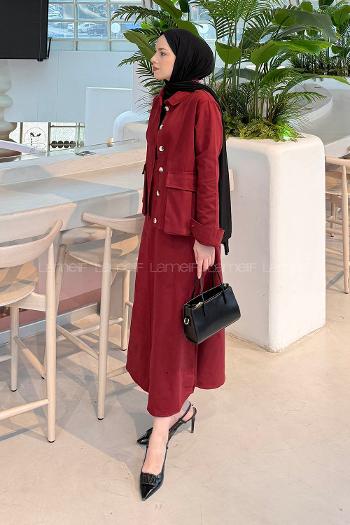 Lamelif Cep Detaylı İkili Etek  Tesettür Takım Bordo