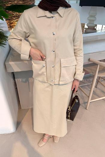 Lamelif Cep Detaylı İkili Etek  Tesettür Takım Krem