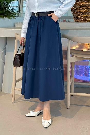 Lamelif Cep Detaylı Kloş Keten Etek Koyu Mavi