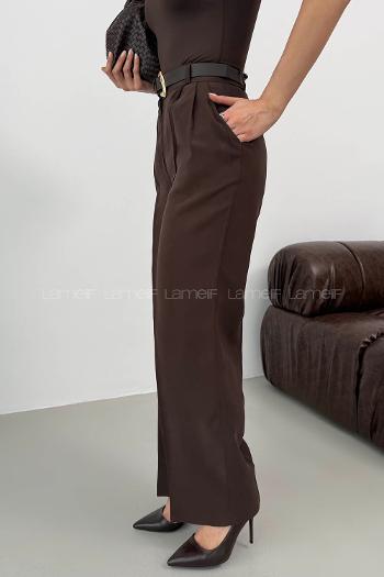 Lamelif Çift Pileli Kemerli Pantolon Acı Kahve