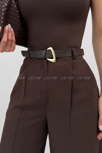 Lamelif Çift Pileli Kemerli Pantolon Acı Kahve