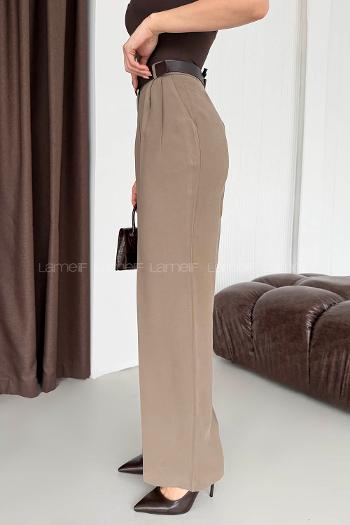 Lamelif Çift Pileli Kemerli Pantolon Haki