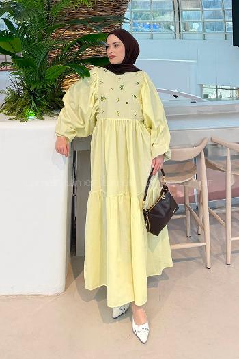 Yellow Crew Neck Cotton Printed Dresess