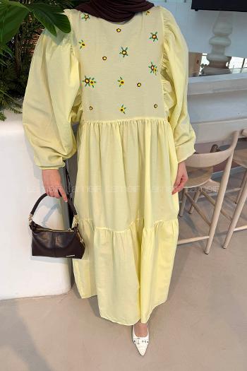 Yellow Crew Neck Cotton Printed Dresess