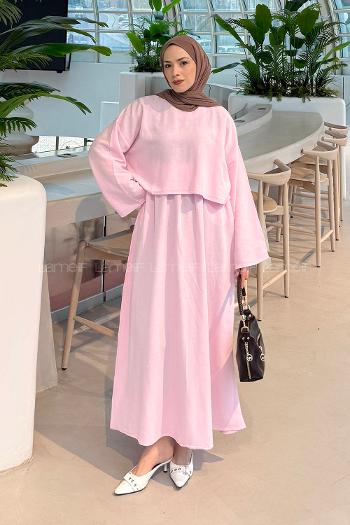 Lamelif Etekli Tesettür Takım Pembe