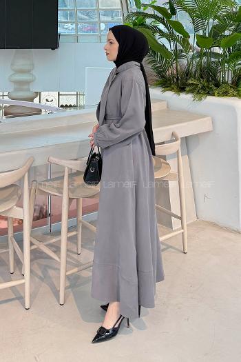 Lamelif Fularlı Bağlama Detaylı Elbise Gri