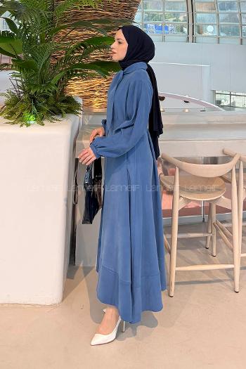 Lamelif Fularlı Bağlama Detaylı Elbise Saks Mavisi