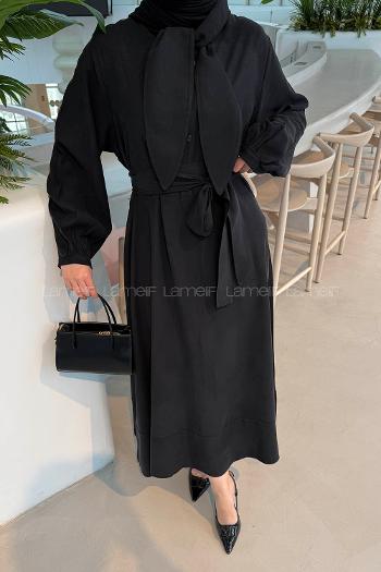 Lamelif Fularlı Bağlama Detaylı Elbise Siyah