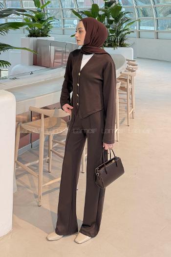 Bitter Brown V Neck Long Arm Cotton Fabric Regular Trousers Comfortable Suit
