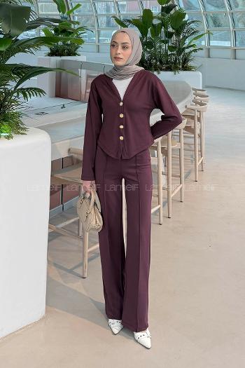 Plum V Neck Long Arm Cotton Fabric Regular Trousers Comfortable Suit