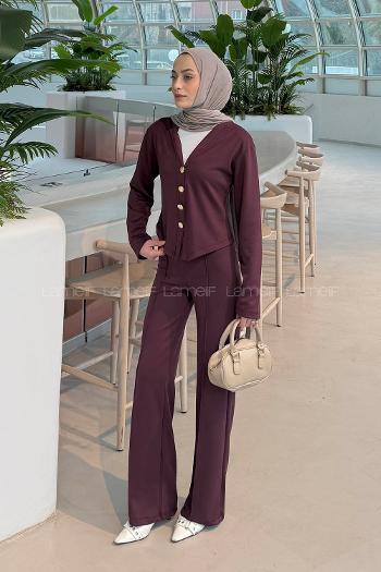 Plum V Neck Long Arm Cotton Fabric Regular Trousers Comfortable Suit