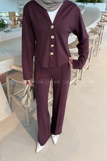 Plum V Neck Long Arm Cotton Fabric Regular Trousers Comfortable Suit