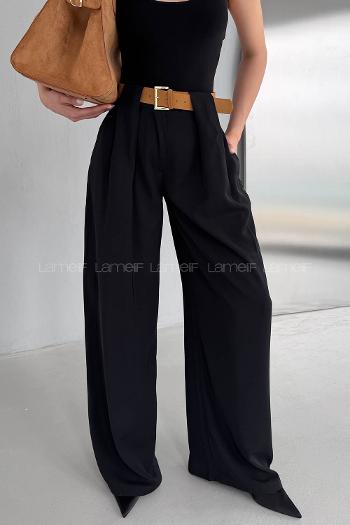 Lamelif Kemerli Salaş Pantolon Siyah