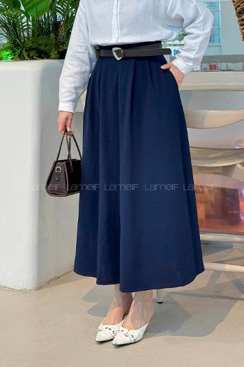 Lamelif Önü Pileli Scuba Kumaş Etek Lacivert