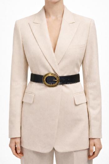 Lamelif Oval Tokalı Krem Suni Deri Kadın Kemer – Vintage Seri