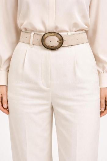 Lamelif Oval Tokalı Krem Suni Deri Kadın Kemer – Vintage Seri