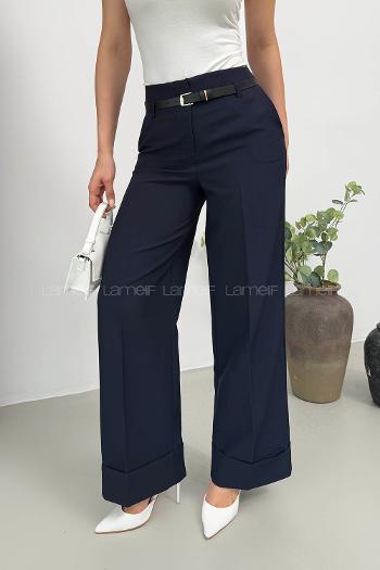 Lamelif Paçası Katlı Yüksek Bel Pantolon Lacivert