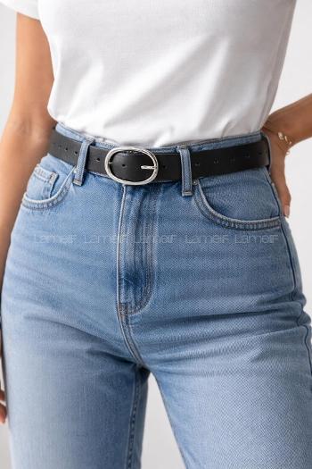 Lamelif Liora Gümüş Oval Tokalı Siyah Suni Deri Kadın Kemer