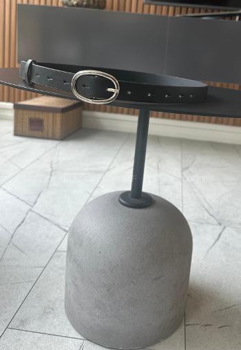 Lamelif Liora Gümüş Oval Tokalı Siyah Suni Deri Kadın Kemer