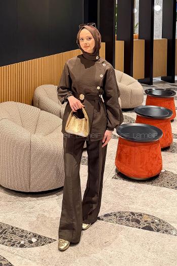 Lamelif Bağlama Detaylı Gold Düğmeli Takım Acı Kahve