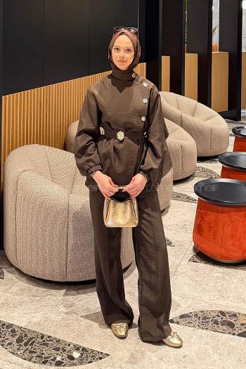 Lamelif Bağlama Detaylı Gold Düğmeli Takım Acı Kahve