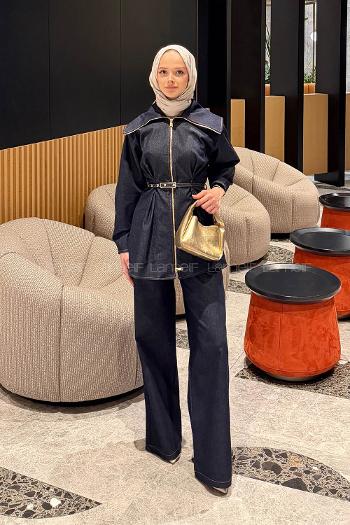 Lamelif Belden Oturtmalı Kemerli Takım Koyu Mavi