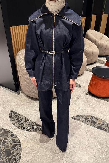 Lamelif Belden Oturtmalı Kemerli Takım Koyu Mavi