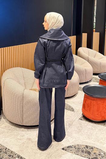 Lamelif Belden Oturtmalı Kemerli Takım Koyu Mavi