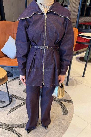 Lamelif Belden Oturtmalı Kemerli Takım Mor