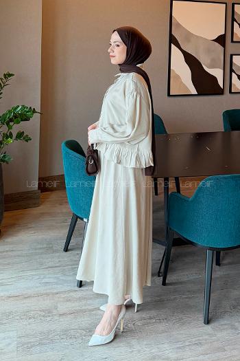 Lamelif Büzgü Detaylı Etekli Takım Taş Rengi