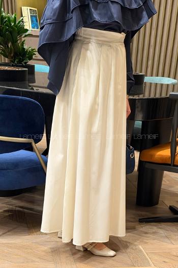 Lamelif Cep Detaylı Kloş Keten Etek Krem