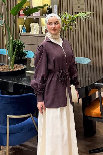 Lamelif Çiçek Aksesuarlı Gömlek Mürdüm