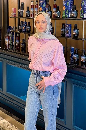 Pink Shirt Collar Long Arm Viscose Fabric Shirt